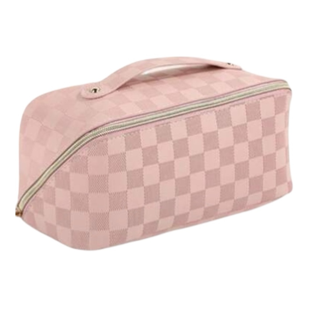 Pink Checkered Cosmetic Case with Top Handle